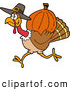Vector of a Cartoon Pilgrim Turkey Carrying a Pumpkin for Thanksgiving by LaffToon
