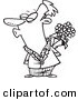 Vector of a Cartoon Puckering Man Holding Flowers - Coloring Page Outline by Toonaday