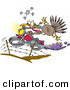 Vector of a Cartoon Turkey Jumping over Fence on a Motorcycle by Toonaday