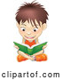 Vector of a Cartoon White School Boy Sitting on a Floor and Reading a Green Book by AtStockIllustration