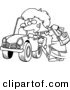 Vector of a Cartoon Woman Kicking a Tire on a Ca - Coloring Page Outline by Toonaday