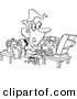 Vector of a Cartoon Woman Sewing and Working at the Same Time - Coloring Page Outline by Toonaday