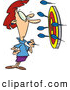 Vector of a Cartoon Woman Thinking About Putting a Dart in the Bullseye of a Target Surrounded with Darts on the Wall by Toonaday