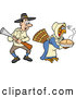 Vector of a Disguised Cartoon Thanksgiving Turkey Delivering Hot Pie While a Shocked Pilgrim Hunter Shocking Stares at Her by LaffToon