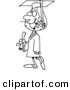 Vector of a Female Cartoon College Graduate Walking with a Rose in Her Mouth - Coloring Page Outline Version by Toonaday