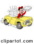 Vector of a Friendly Pizza Delivery Boy Driving a Yellow Car and Holding a Steamy Pizza Box by LaffToon
