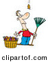 Vector of a Funny Cartoon Man Holding a Rake While Standing Beside a Bag of Leafs and Watching One More Leaf Fall Towards the Ground by Toonaday
