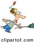 Vector of a Funny Cartoon Man Running with a Rake While Getting Knocked out by a Falling Leaf by Toonaday