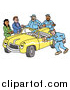 Vector of a Group of Friendly Mechanics Finishing up Work on a Yellow Classic Convertible Car Owned by a Couple by LaffToon