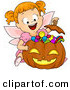 Vector of a Halloween Cartoon Girl in a Fairy Costume Witting Behind Her Candy Stash in a Pumpkin by BNP Design Studio