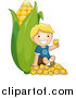 Vector of a Happy Blond Boy Sitting on Kernels Against a Giant Ear of Corn by BNP Design Studio