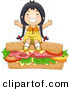 Vector of a Happy Cartoon Asian Girl Sitting on a Giant Sandwich by BNP Design Studio