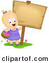 Vector of a Happy Cartoon Baby Girl Carrying a Basket with Flowers Beside a Blank Sign by BNP Design Studio