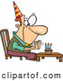Vector of a Happy Cartoon Birthday Man Sitting in Front of a Lit Cupcake with Candles by Toonaday