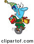 Vector of a Happy Cartoon Blue Christmas Elf Transporting Wrapped Presents on a Unicycle by Toonaday