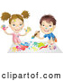 Vector of a Happy Cartoon Boy and Girl Hand Painting and Painting Together by AtStockIllustration
