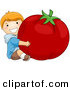 Vector of a Happy Cartoon Boy Hugging a Big Tomato - Coloring Page Outline by BNP Design Studio