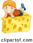 Vector of a Happy Cartoon Boy Laying on Cheese Wedge by BNP Design Studio