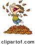 Vector of a Happy Cartoon Boy Playing in a Pile of Raked Autumn Leaves by Toonaday