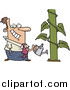 Vector of a Happy Cartoon Caucasian Businessman Watering a Monstrous Plant Showing Business Growth by Toonaday