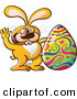 Vector of a Happy Cartoon Easter Bunny Waving Hello Beside a Painted Egg by Zooco