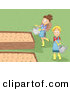 Vector of a Happy Cartoon Girl and Boy Watering Plants in Raised Garden Beds by BNP Design Studio