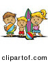 Vector of a Happy Cartoon Kids Brothers and Sister at the Beach with Surfboard and Ball by Chromaco