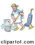 Vector of a Happy Caucasian Housewife, Maid, House Keeper, Custodian or Janitor Woman Mopping a Floor near a Broom and Vacuum by LaffToon