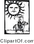 Vector of a Knight on a Horse with Sun Character in the Sky - Black and White Woodcut by Xunantunich