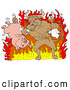 Vector of a Mad Cartoon Bull Choking a Chicken and Holding a Pig While Standing in Hot Fire by LaffToon
