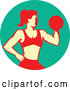 Vector of a Muscular Woman Working out with a Dumbbell and Doing Bicep Curls in a Turquoise Circle by Patrimonio
