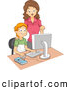 Vector of a Proud Cartoon Computer Teacher Helping a Happy School Boy by BNP Design Studio