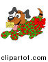 Vector of a Puppy Wrapped in Green and Red Polka Dot Wrapping Paper by LaffToon