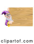 Vector of a Senior Wizard Man Pointing Around a Plank Wooden Sign by AtStockIllustration
