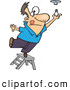 Vector of a Short Cartoon Man Standing on a Ladder While Trying to Install a Light Bulb by Toonaday