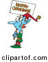Vector of a Smiling Cartoon Blue Elf Carrying a Merry Christmas Sign by Toonaday