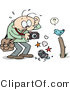 Vector of a Stressed Cartoon Man Holding a Broken Camera Beside a Bird on a Post by Gnurf
