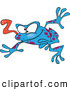 Vector of a Wacky Blue Cartoon Frog Jumping Forward with Tongue out by Toonaday