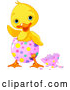 Vector of a Waving Cartoon Chick Hatching from a Pink Easter Egg with Colorful Dots by Pushkin