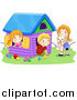 Vector of a White Boy and Two Girls Playing in a Toy House by BNP Design Studio