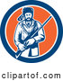 Vector of American Frontiersman, Davy Crockett, Holding a Rifle in a Blue White and Orange Circle by Patrimonio