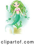 Vector of Beautiful Green Haired Mermaid Swimming with Fish and Seahorses by Pushkin