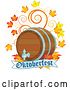 Vector of Beer Keg with Autumn Leaves and Swirls over an Oktoberfest Banner by Pushkin