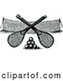 Vector of Black and White Crossed Tennis Rackets over Balls and a Net by Prawny Vintage