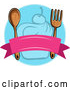 Vector of Blank Banner with a Wood Fork and Spoon over a Blue Cupcake Circle by Graphics RF
