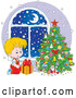 Vector of Blond Caucasian Boy Gazing at a Gift on Snowy Christmas Night by Alex Bannykh