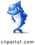 Vector of Blue Cartoon Shark Mascot Grinning with Hands on His Hips by