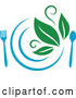 Vector of Blue Plate and Silverware and Green Leaves Vegetarian Food Design by Vector Tradition SM