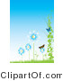 Vector of Butterflies with Blue Flowers, Vines and Grass Against a Blue Sky - Background Design with Copyspace by
