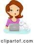 Vector of Cartoon Brunette White Lady and Cat Using a Laptop Computer by BNP Design Studio